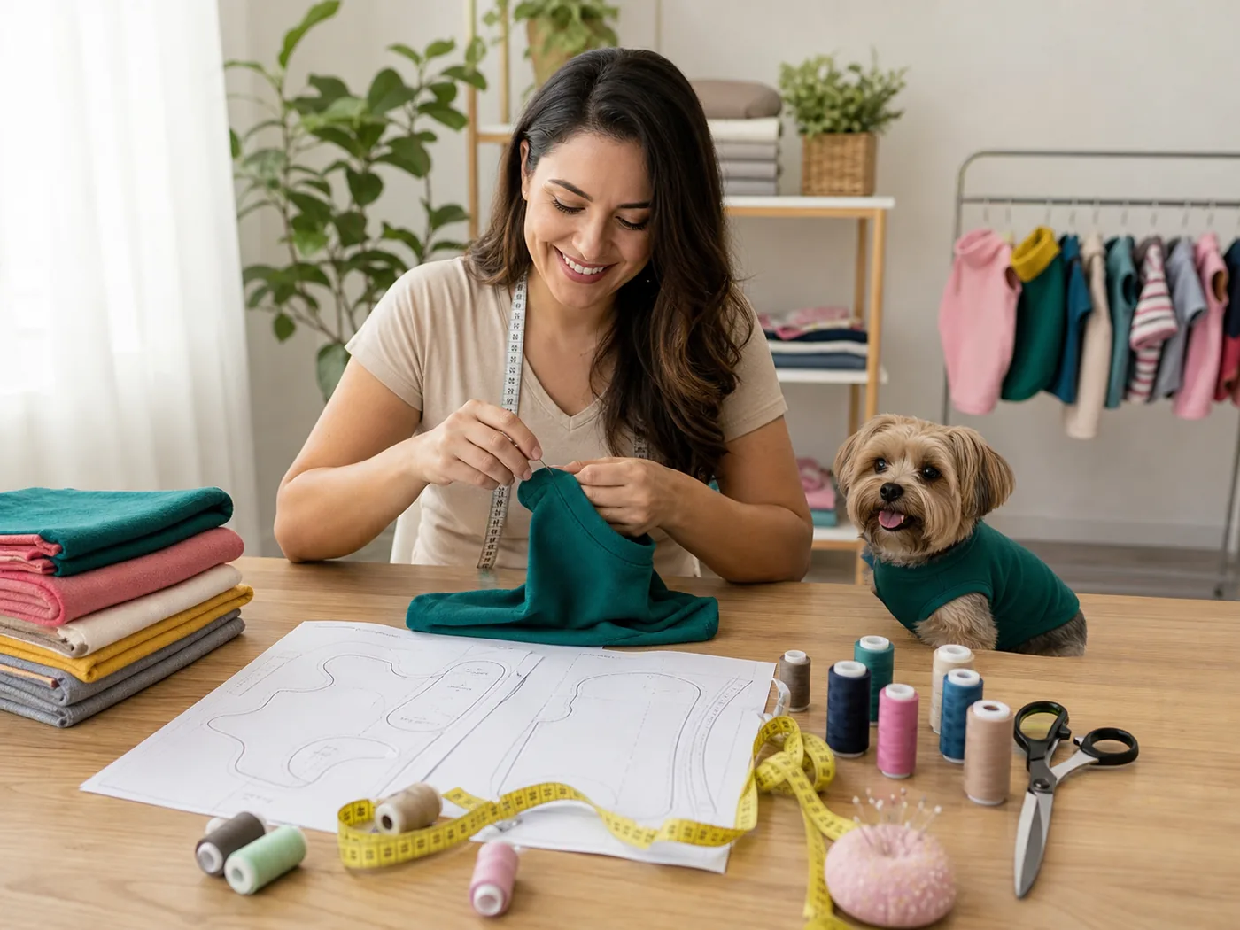 Mulher costurando roupa pet com cachorro e gato próximos