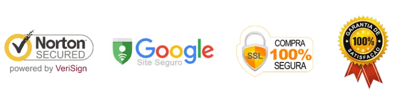 Selos de segurança: Norton Secured, Google Site Seguro, compra 100% segura e garantia de satisfação